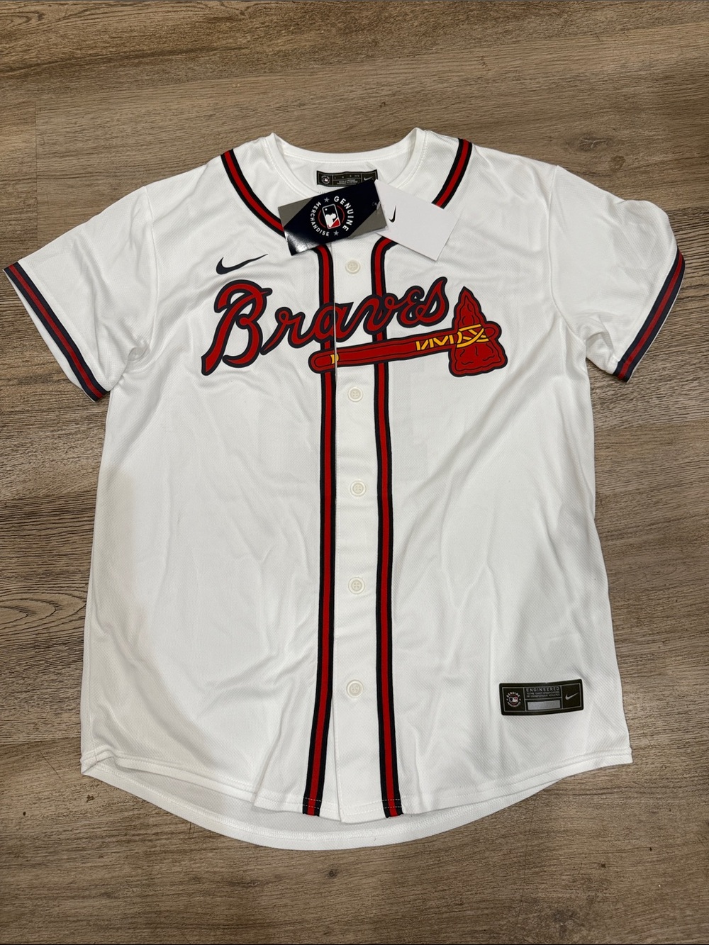 Nike White Braves Youth Baseball Jersey with Red and Navy Trim